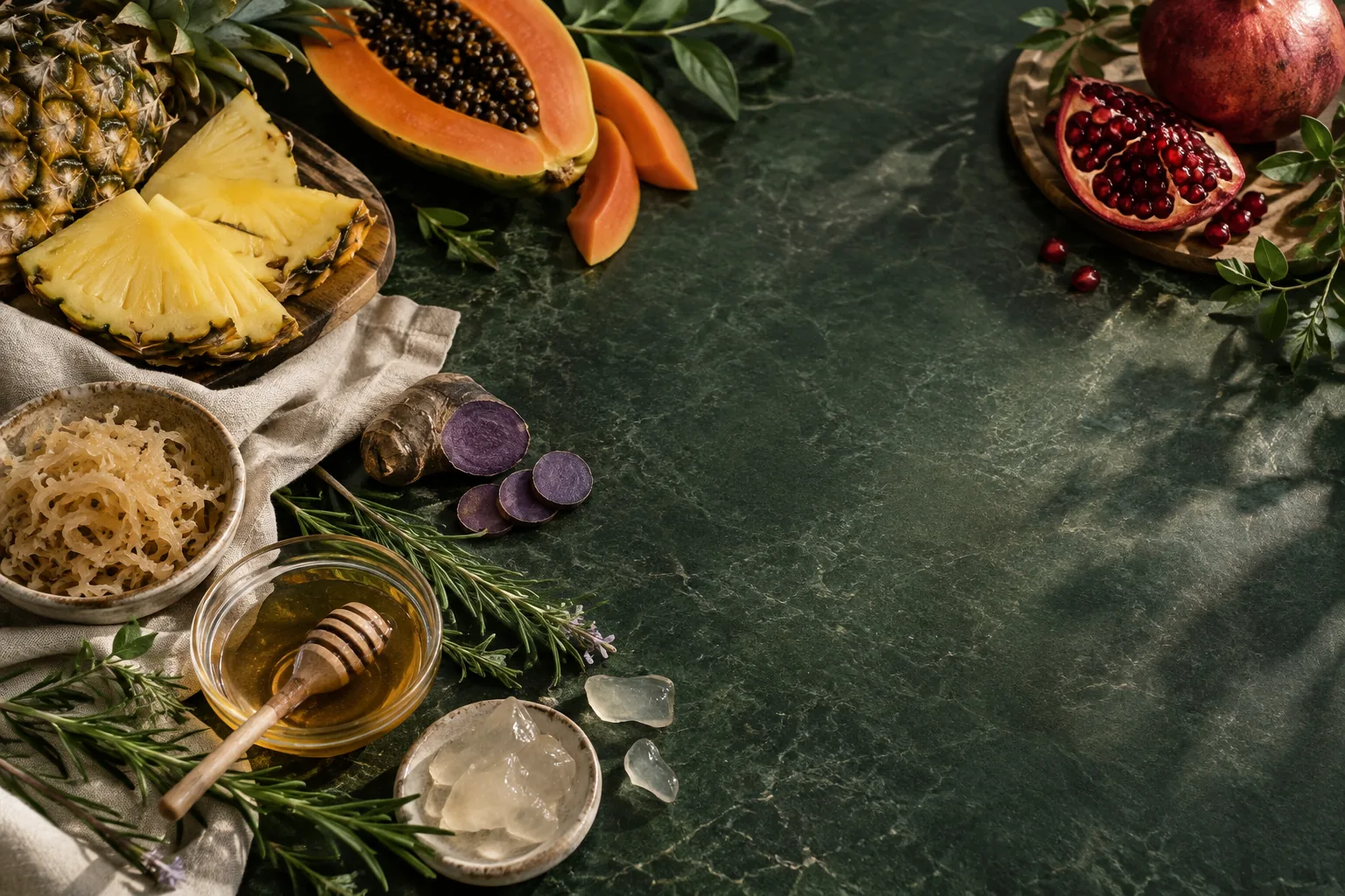 Susunan nanas, betik, delima, kunyit hitam, sea moss, rosemary dan madu