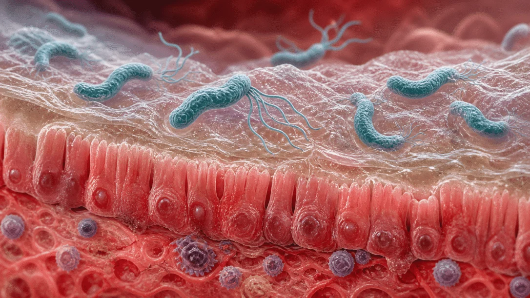 Ilustrasi mikroskopik bakteria H. pylori pada lapisan mukus perut