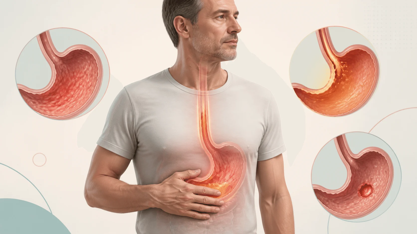 Ilustrasi perubatan membandingkan gastritis, refluks asid GERD dan ulser peptik