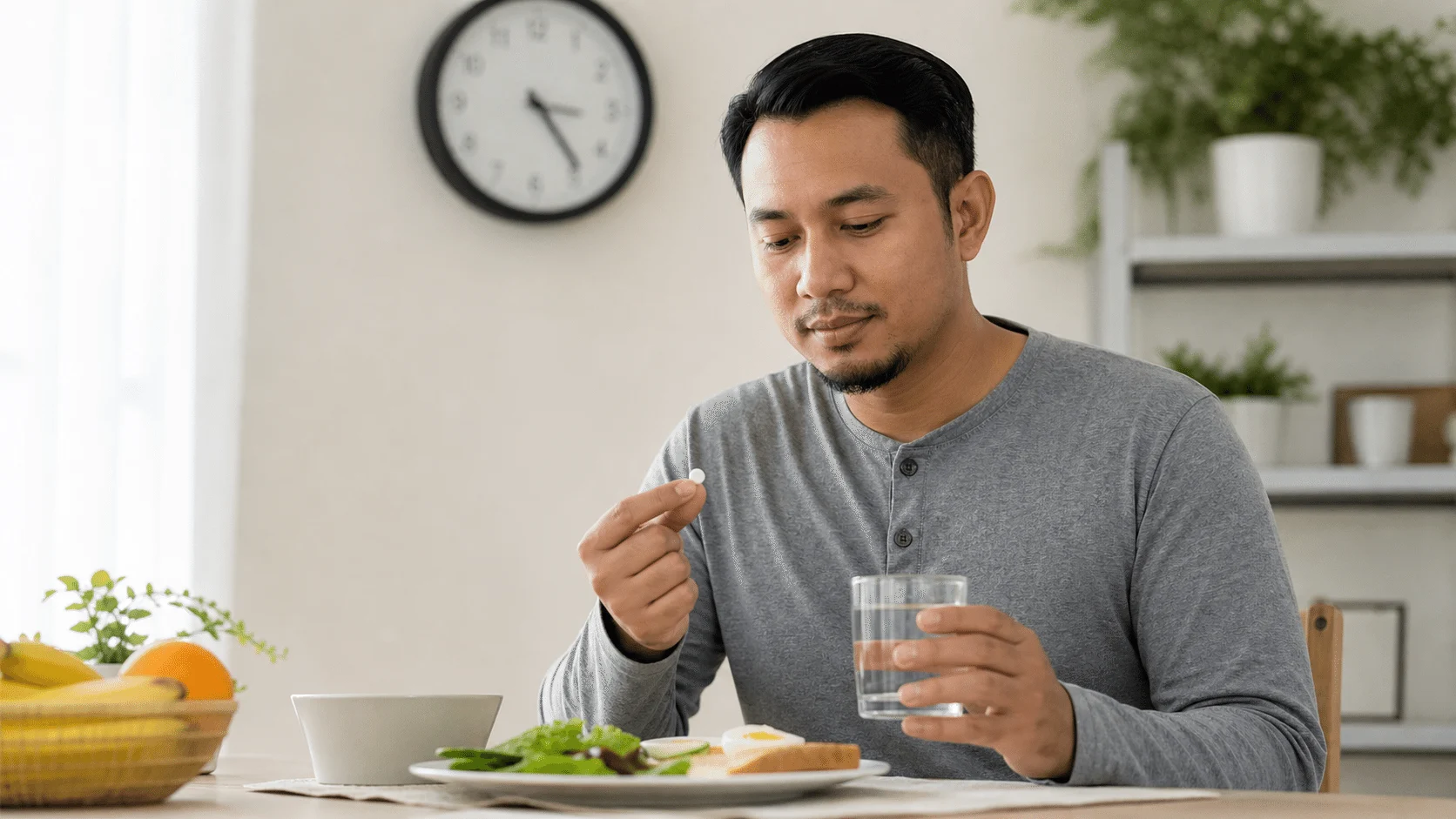 Lelaki merancang pengambilan ubat PPI sebelum sarapan dengan segelas air