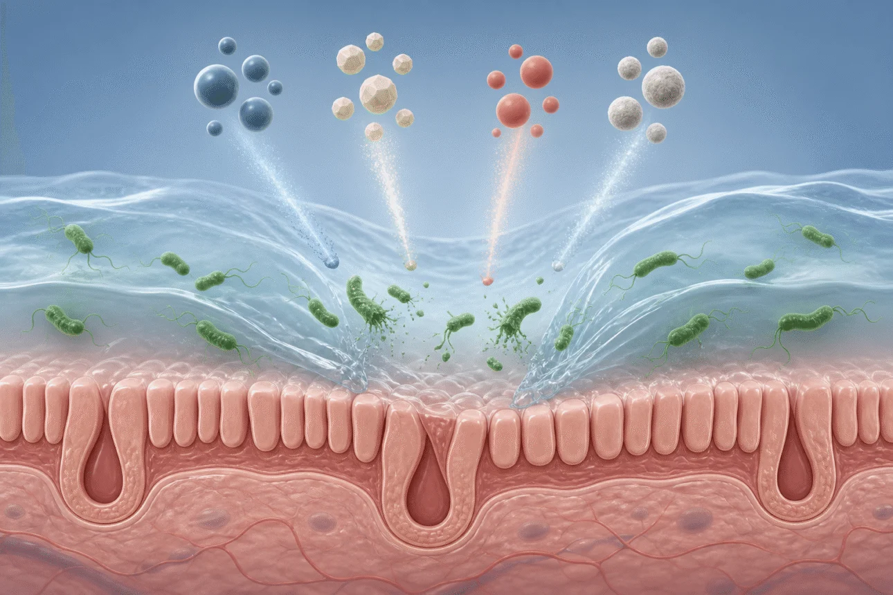 Ilustrasi empat komponen rawatan menyasarkan H. pylori pada lapisan mukus perut