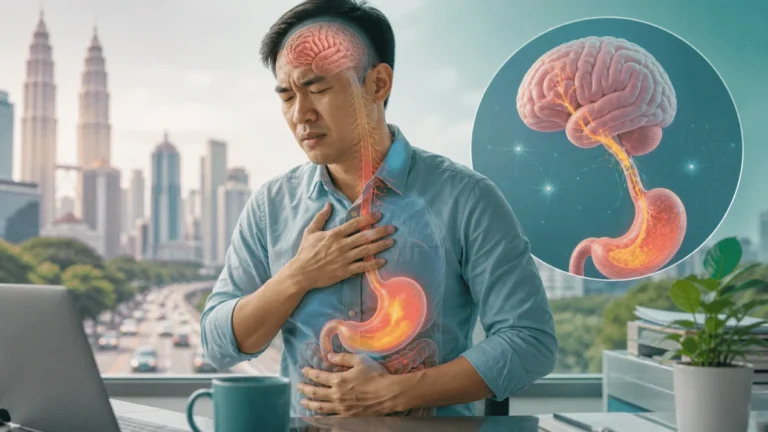 Ilustrasi hubungan tekanan emosi, otak, sistem saraf dan simptom GERD