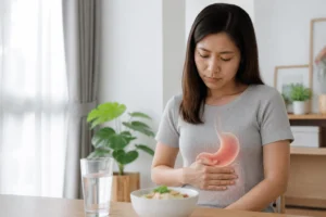 Wanita Malaysia memegang bahagian atas perut dengan ilustrasi kedudukan perut