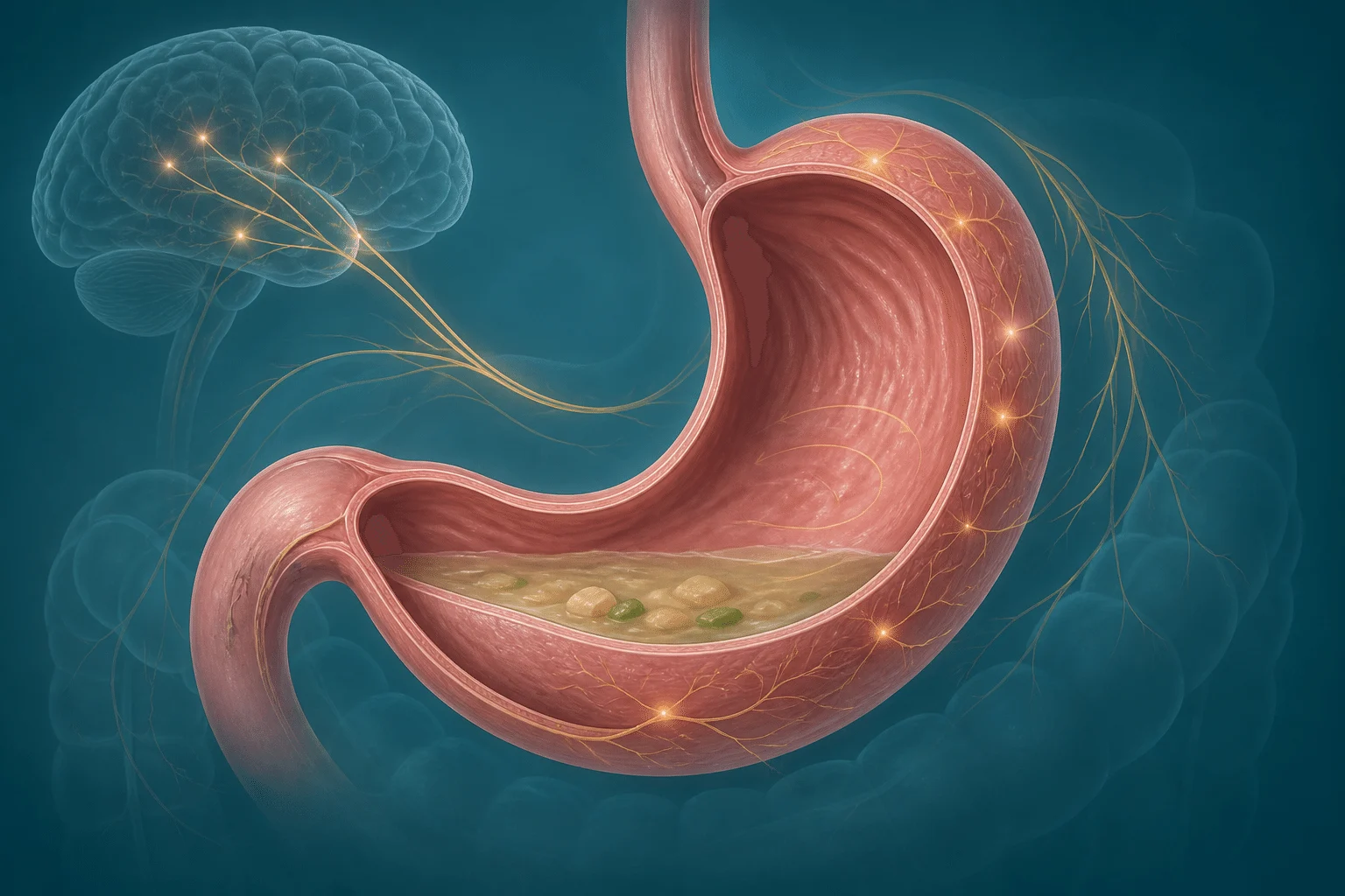 Ilustrasi hubungan otak dan perut dalam functional dyspepsia dengan sensitiviti saraf dan pergerakan perut