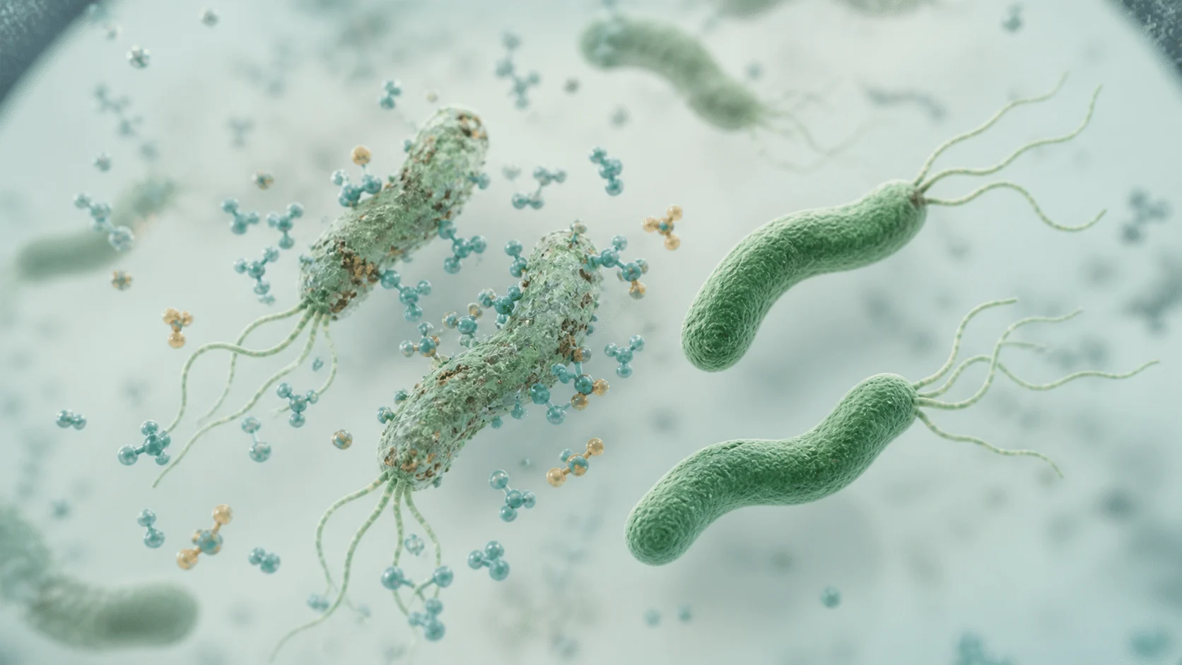 Ilustrasi bakteria H. pylori yang menunjukkan sebahagian bakteria kekal tahan terhadap antibiotik