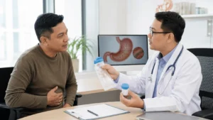 Pesakit berbincang dengan doktor mengenai pilihan ujian H. pylori