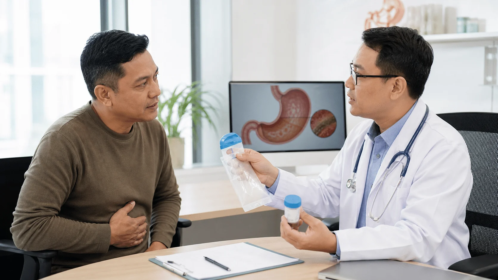 Pesakit berbincang dengan doktor mengenai pilihan ujian H. pylori