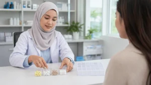 Pegawai farmasi menerangkan empat komponen terapi H. pylori kepada pesakit