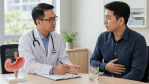 Pesakit berbincang dengan doktor mengenai ketidakselesaan perut dan gastropati reaktif