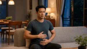 Lelaki Malaysia duduk tegak sambil melakukan pernafasan diafragma dengan tenang