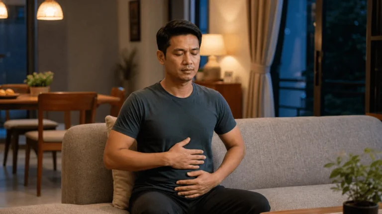 Lelaki Malaysia duduk tegak sambil melakukan pernafasan diafragma dengan tenang
