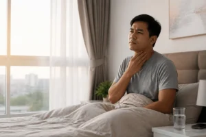 Lelaki Malaysia bangun tidur sambil menyentuh tekak kerana rasa tidak selesa waktu pagi