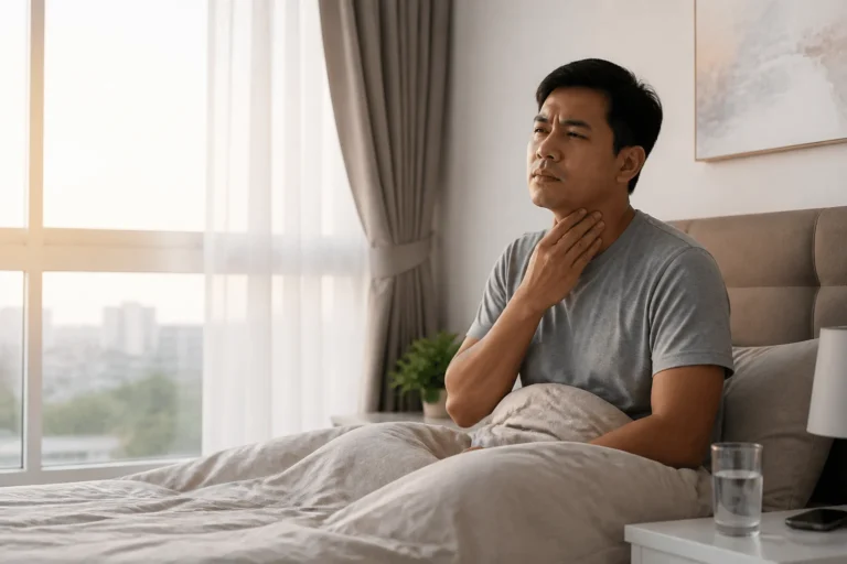 Lelaki Malaysia bangun tidur sambil menyentuh tekak kerana rasa tidak selesa waktu pagi