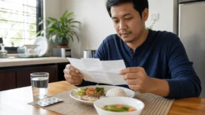 Lelaki membaca risalah ubat tahan sakit sebelum mengambilnya bersama makanan