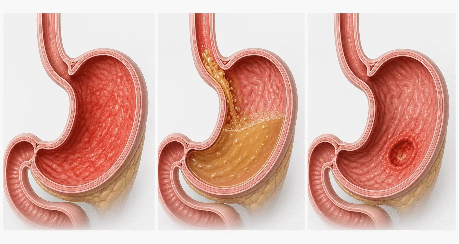 Ilustrasi anatomi tiga keadaan perut: gastritis, refluks GERD dan ulser peptik