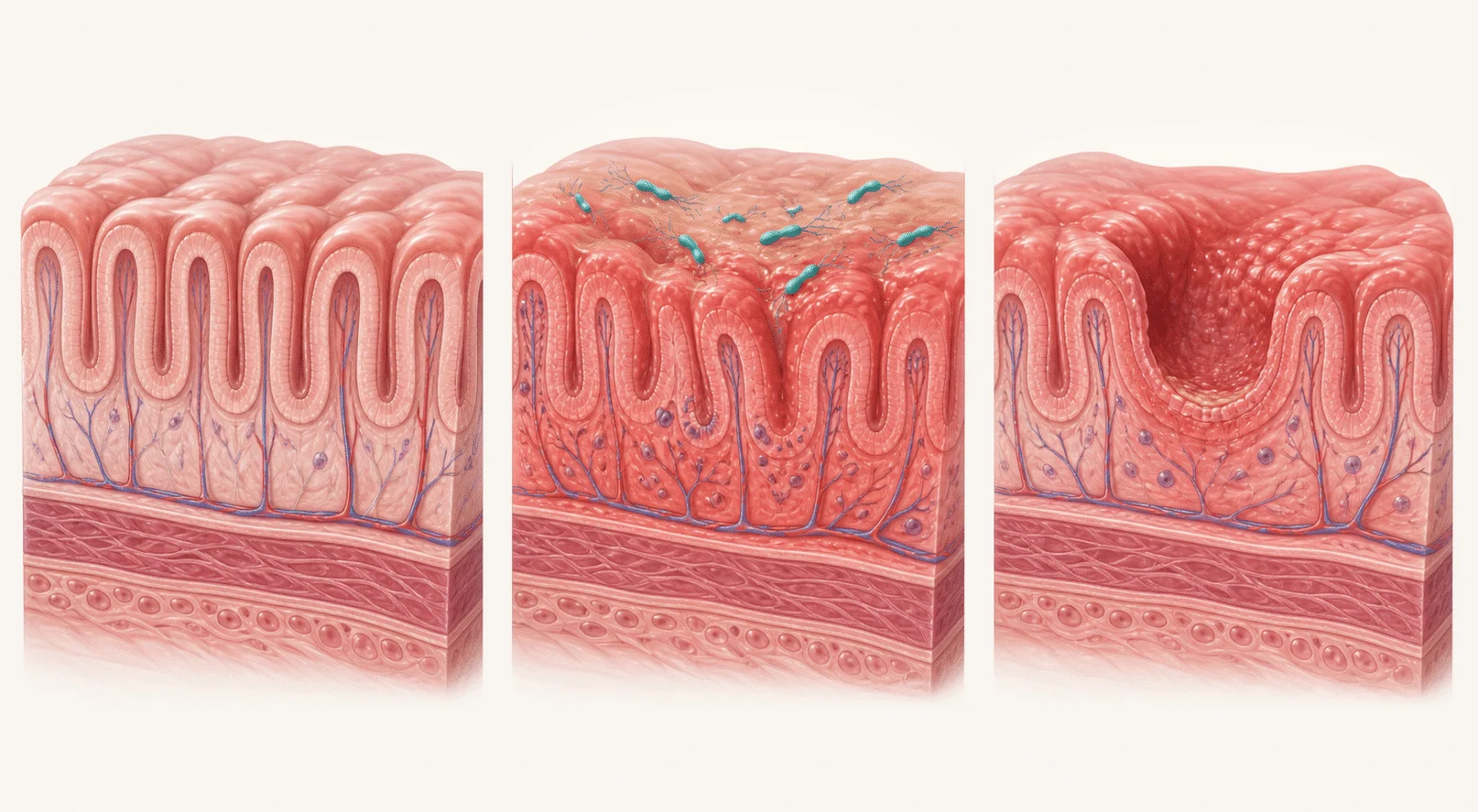 Perbandingan lapisan perut sihat, gastritis berkaitan H. pylori dan ulser peptik