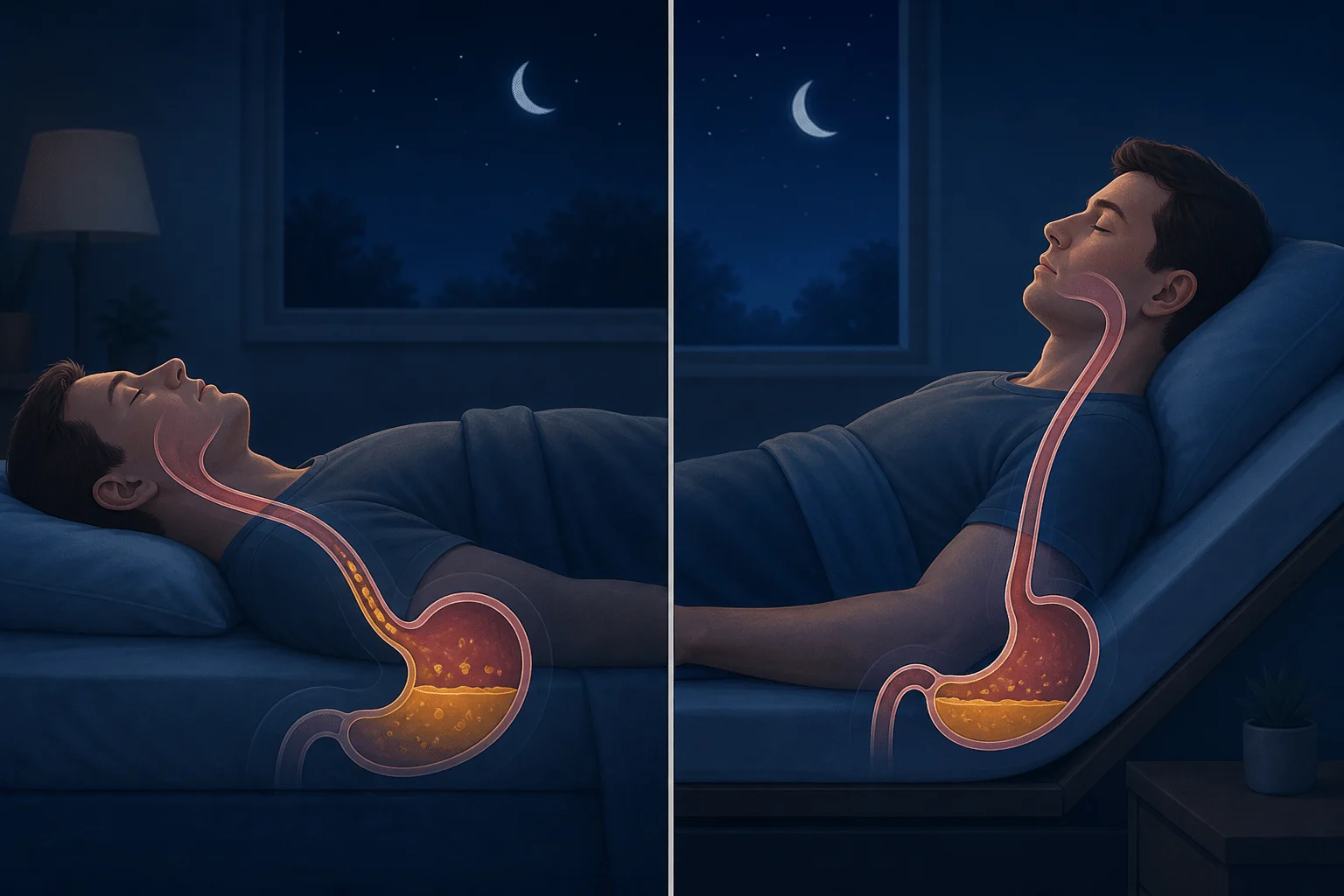 Ilustrasi perbandingan tidur mendatar dengan posisi kepala ditinggikan untuk mengurangkan refluks malam