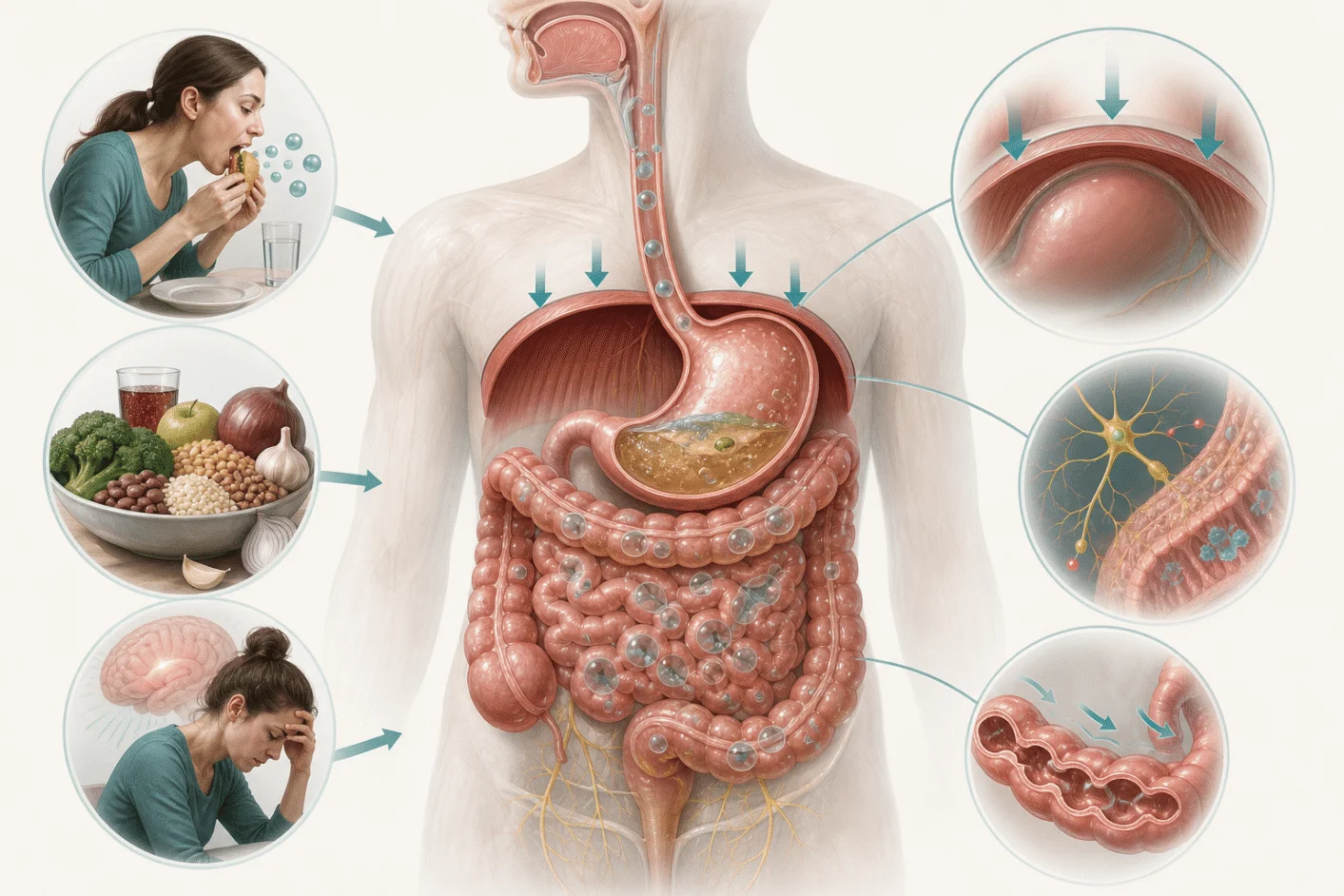 Ilustrasi anatomi punca kembung termasuk udara tertelan, gas makanan, stres dan pergerakan usus
