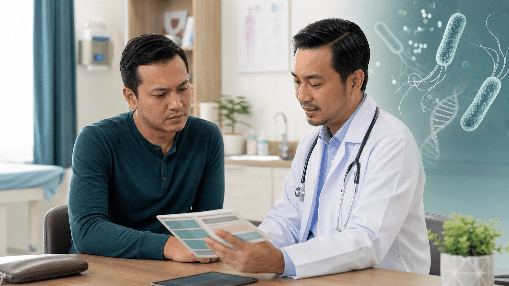 Pesakit berbincang dengan doktor tentang rawatan H. pylori yang gagal akibat rintangan antibiotik