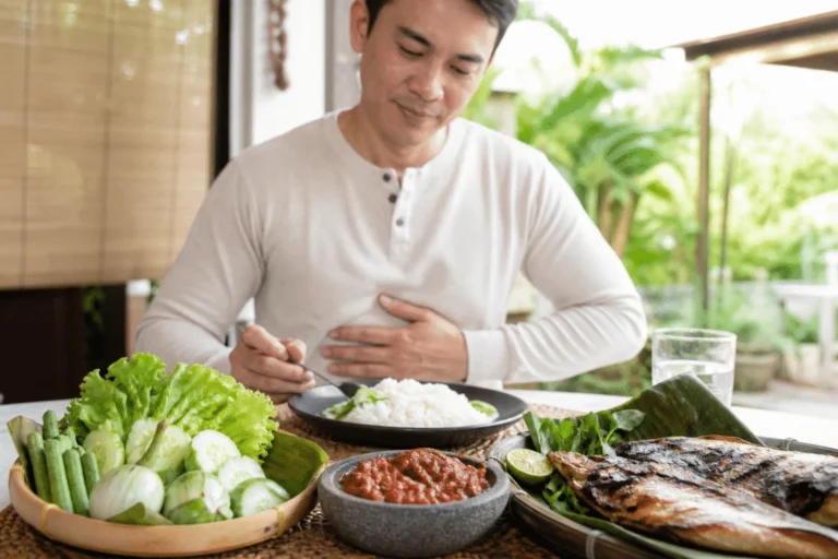 Lelaki Malaysia menikmati hidangan nasi ikan bakar dan sambal belacan sambil memegang bahagian perut