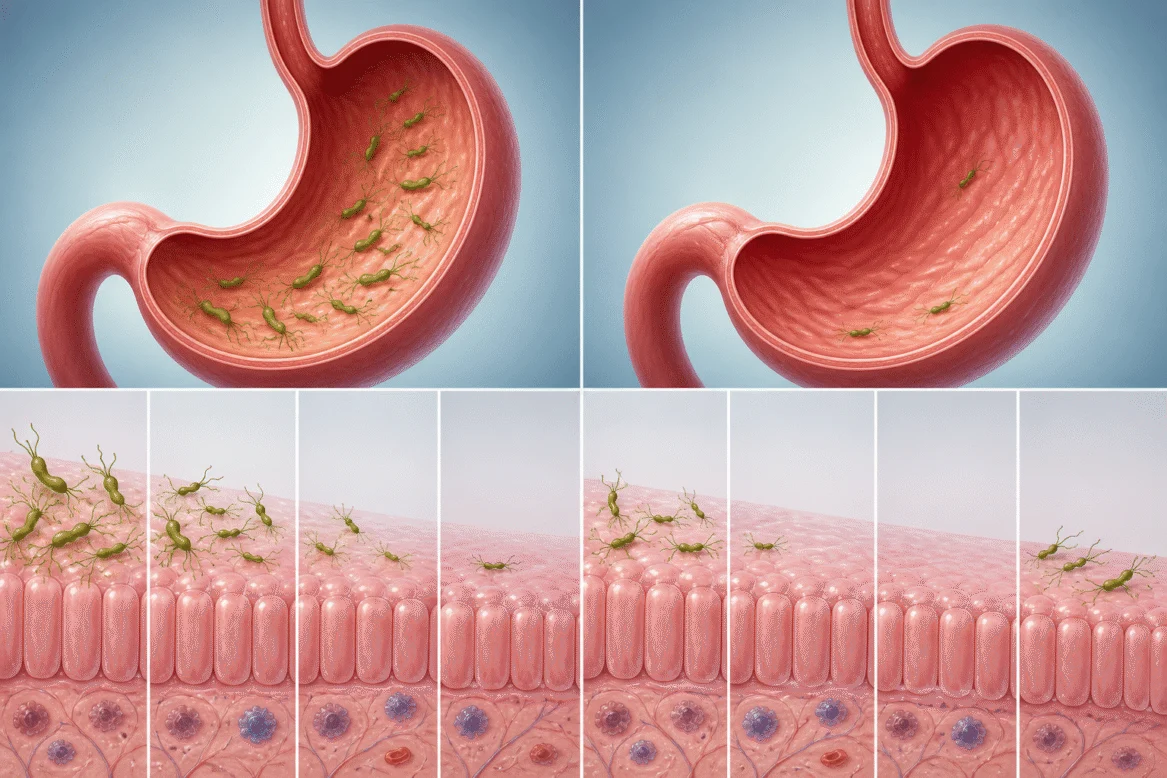 Ilustrasi perbandingan bakteria H. pylori selepas terapi lengkap dan terapi terputus