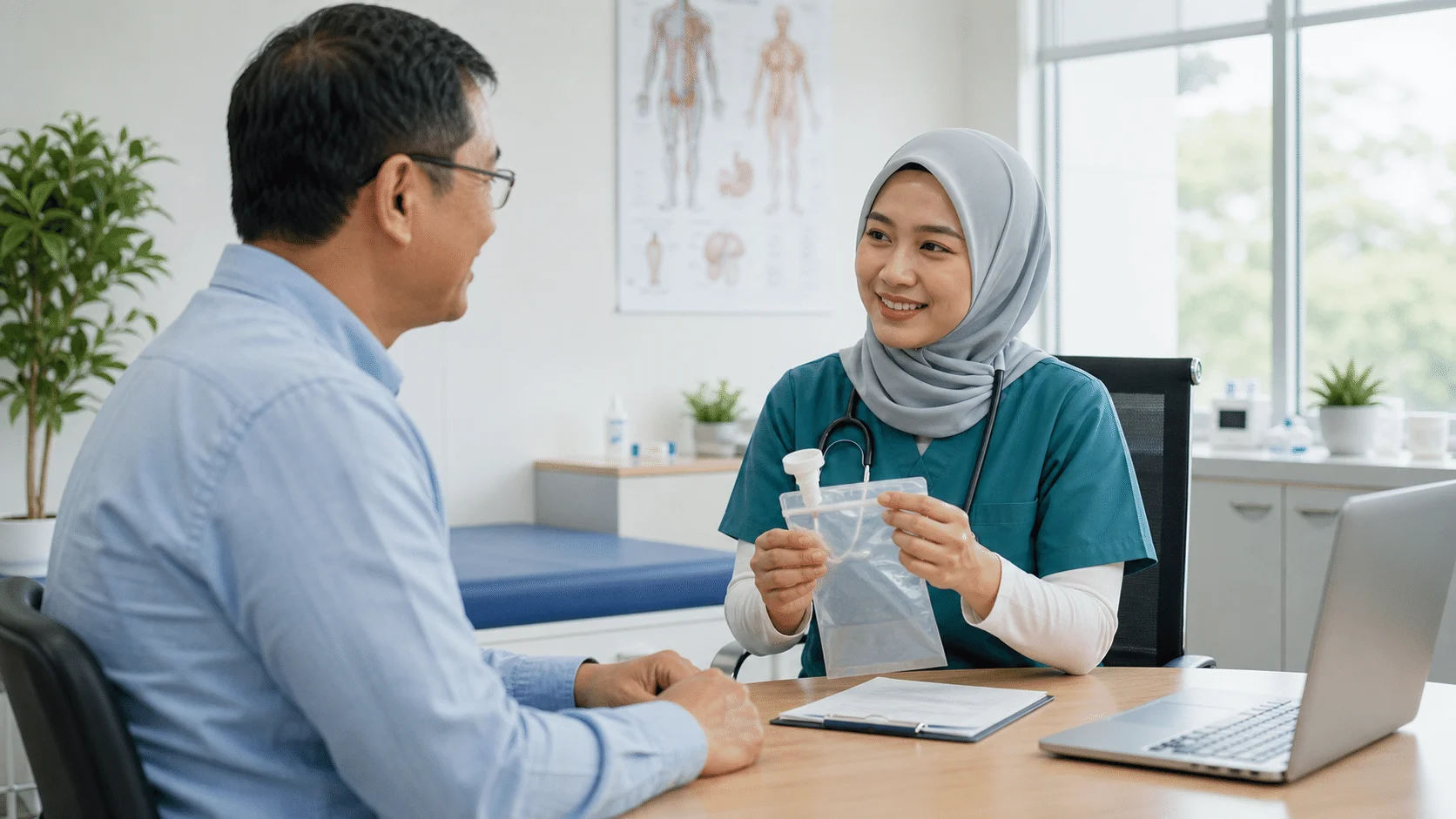 Petugas kesihatan menerangkan beg ujian nafas untuk pengesahan selepas rawatan H. pylori