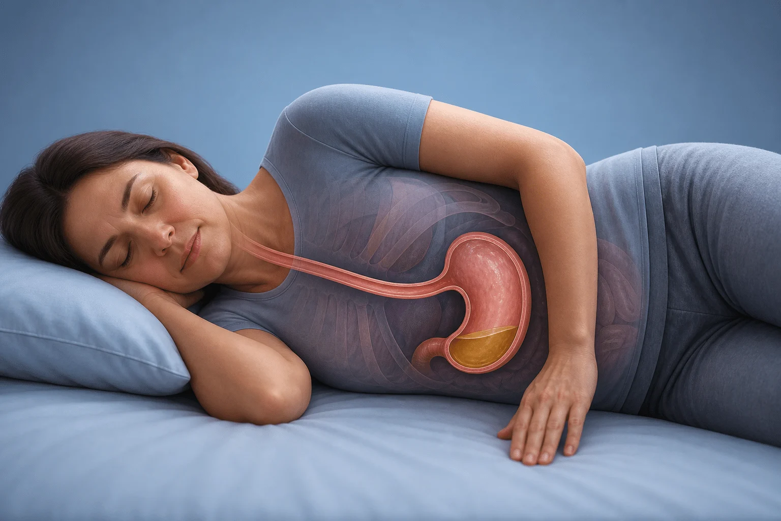 Ilustrasi anatomi posisi tidur mengiring kiri yang membantu mengekalkan kandungan perut di bawah esofagus