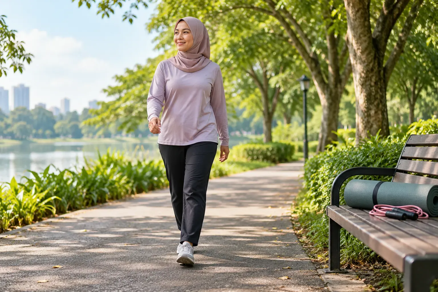 Wanita Malaysia berjalan santai sebagai aktiviti berimpak rendah