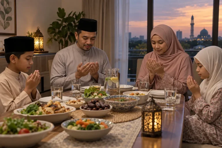 Keluarga Muslim Malaysia bersedia untuk berbuka puasa dengan hidangan seimbang