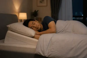 Lelaki tidur mengiring ke kiri dengan bahagian atas badan ditinggikan menggunakan sokongan condong