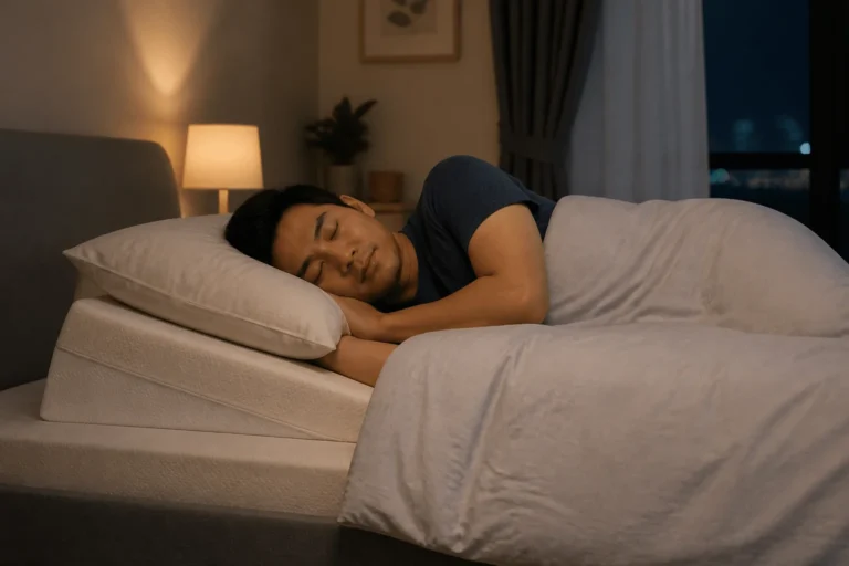 Lelaki tidur mengiring ke kiri dengan bahagian atas badan ditinggikan menggunakan sokongan condong