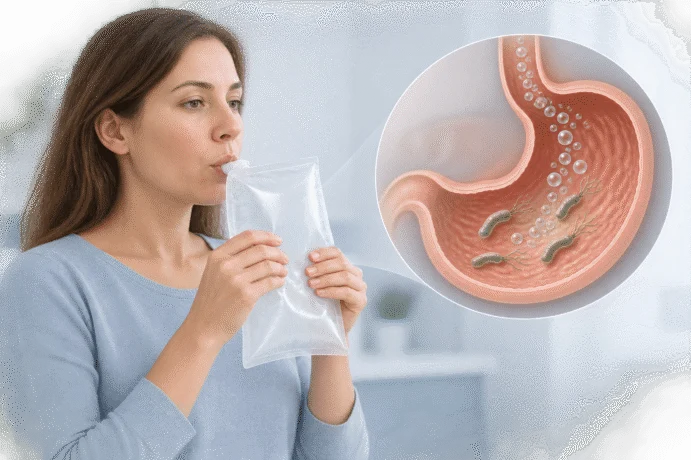 Ilustrasi ujian pernafasan urea dengan gambaran H. pylori di dalam perut