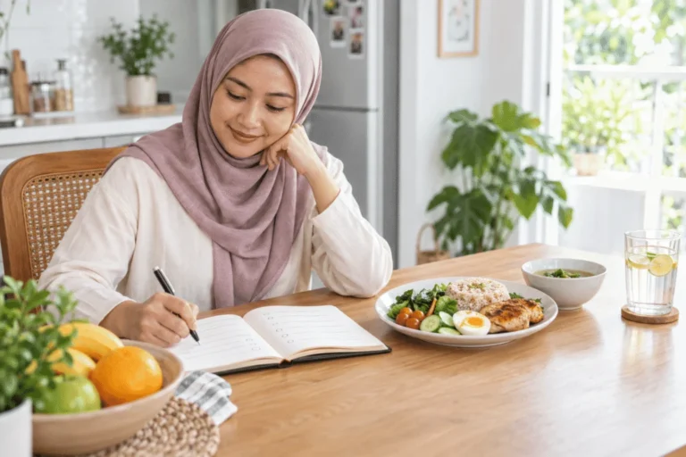 Wanita Malaysia merekod makanan dan simptom di meja makan dengan hidangan seimbang