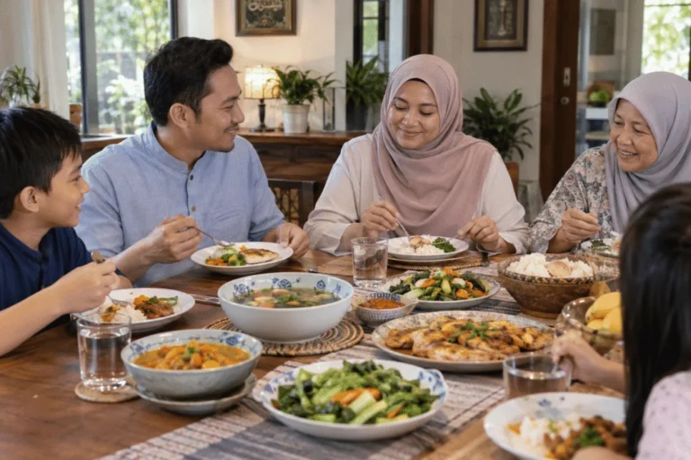 Keluarga Malaysia menikmati hidangan seimbang dengan saiz sajian yang sederhana