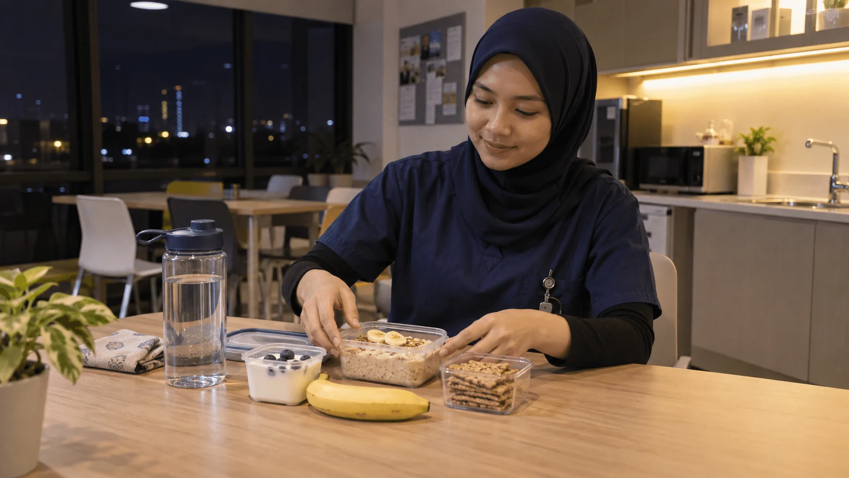 Pekerja syif malam menyediakan hidangan kecil mesra GERD dengan oat, pisang, yogurt dan air