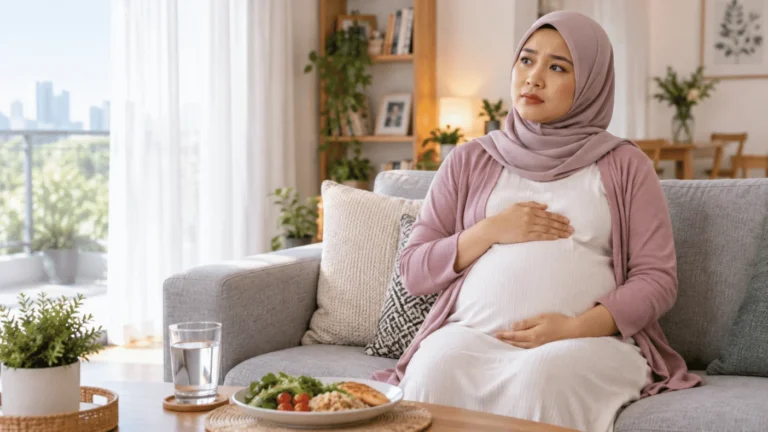 Ibu mengandung duduk tegak selepas makan untuk mengurangkan ketidakselesaan refluks