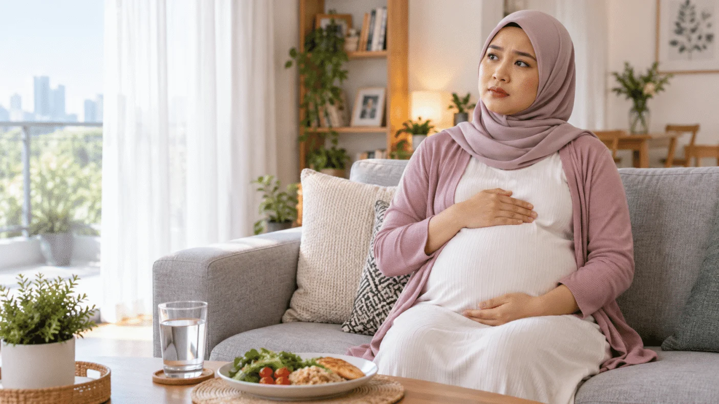 Ibu mengandung duduk tegak selepas makan untuk mengurangkan ketidakselesaan refluks