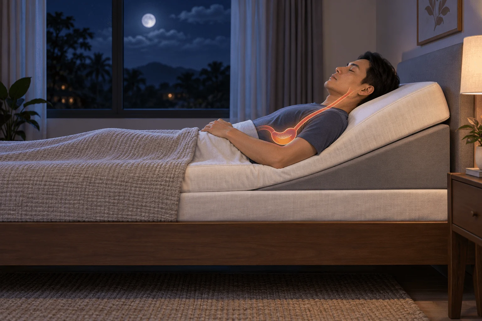 Pandangan sisi posisi tidur dengan keseluruhan bahagian atas badan ditinggikan secara beransur