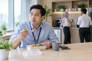 Lelaki makan ketika tergesa-gesa di ruang rehat pejabat