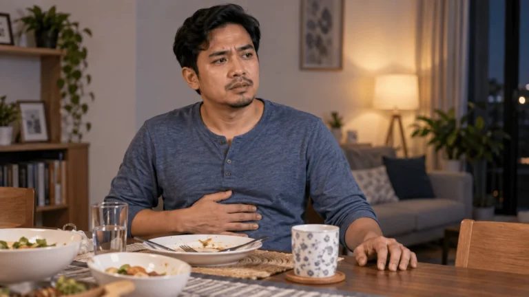 Lelaki Malaysia duduk selepas makan sambil menguruskan ketidakselesaan di bahagian atas perut
