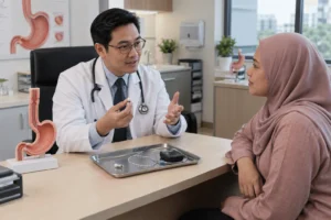 Doktor menerangkan pilihan kapsul tanpa wayar dan kateter untuk pemantauan pH esofagus