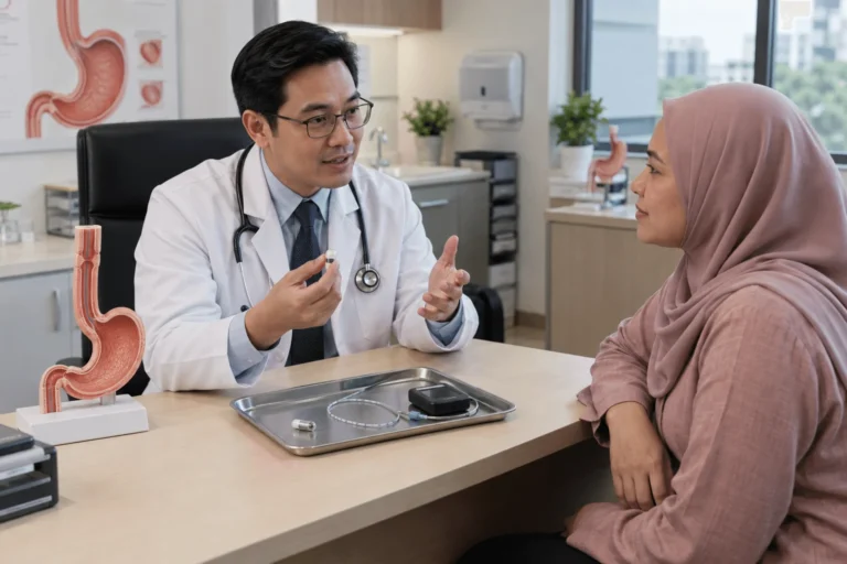 Doktor menerangkan pilihan kapsul tanpa wayar dan kateter untuk pemantauan pH esofagus
