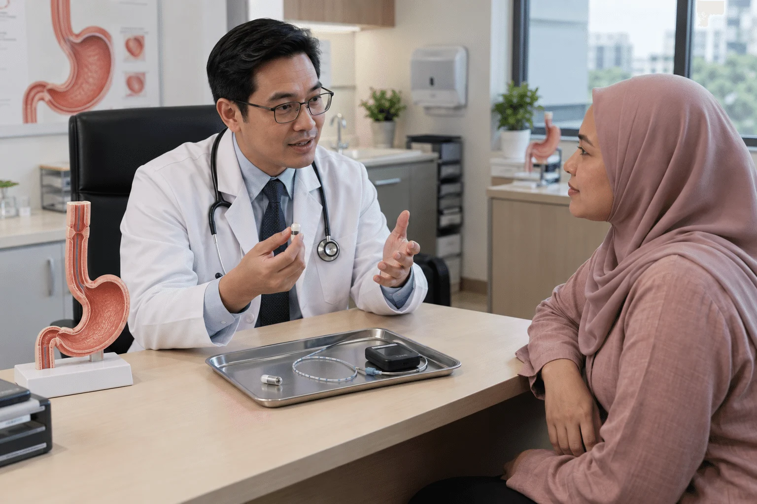 Doktor menerangkan pilihan kapsul tanpa wayar dan kateter untuk pemantauan pH esofagus