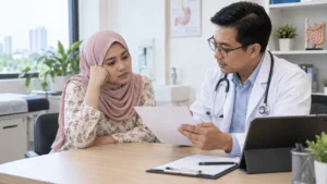 Pesakit berbincang dengan doktor tentang anemia kekurangan zat besi dan masalah penyerapan perut