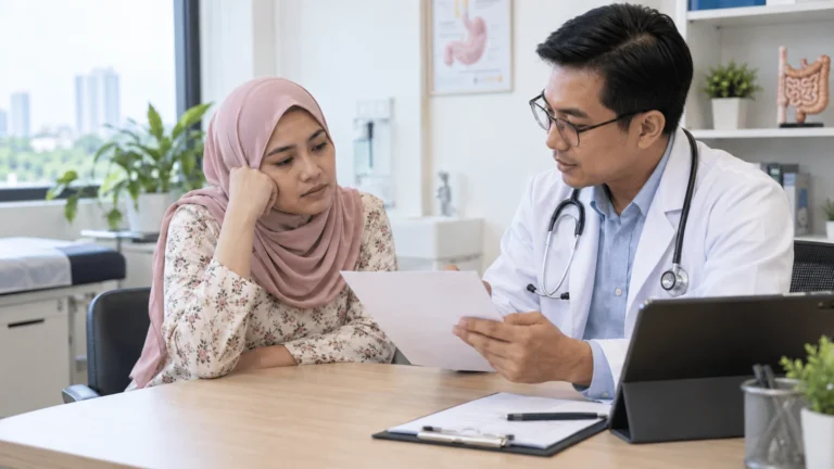 Pesakit berbincang dengan doktor tentang anemia kekurangan zat besi dan masalah penyerapan perut