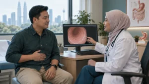 Pesakit berbincang dengan doktor tentang functional dyspepsia selepas endoskopi normal