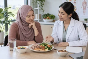 Pesakit berbincang dengan pakar pemakanan tentang hidangan seimbang selepas sekatan makanan berlebihan