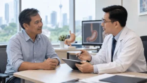 Pesakit berbincang dengan pakar tentang pilihan pembedahan fundoplication untuk GERD