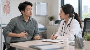 Pesakit berbincang dengan doktor tentang sakit perut atas dan rawatan TCA dos rendah