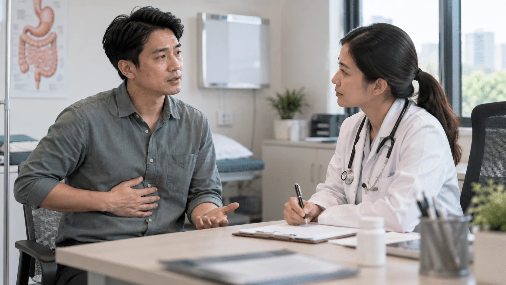 Pesakit berbincang dengan doktor tentang sakit perut atas dan rawatan TCA dos rendah